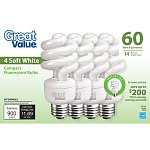 4 Pack 60W CFL light bulbs at Walmart $.88