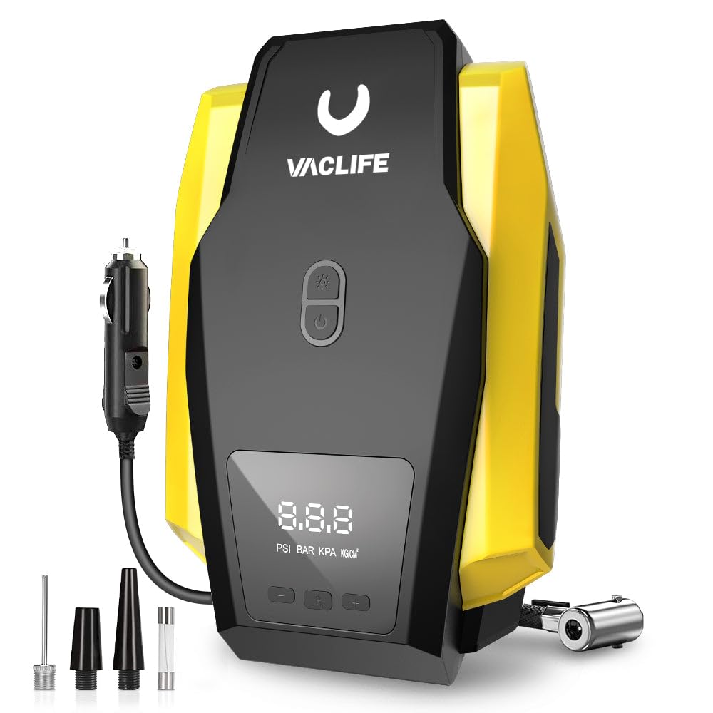 VacLife Portable Air Compressor - Air Pump for Car Tires (up to 50 PSI), 12V DC Tire Pump for Bikes (up to 150 PSI) w/ LED Light, Digital Pressure Gaug - $19.59