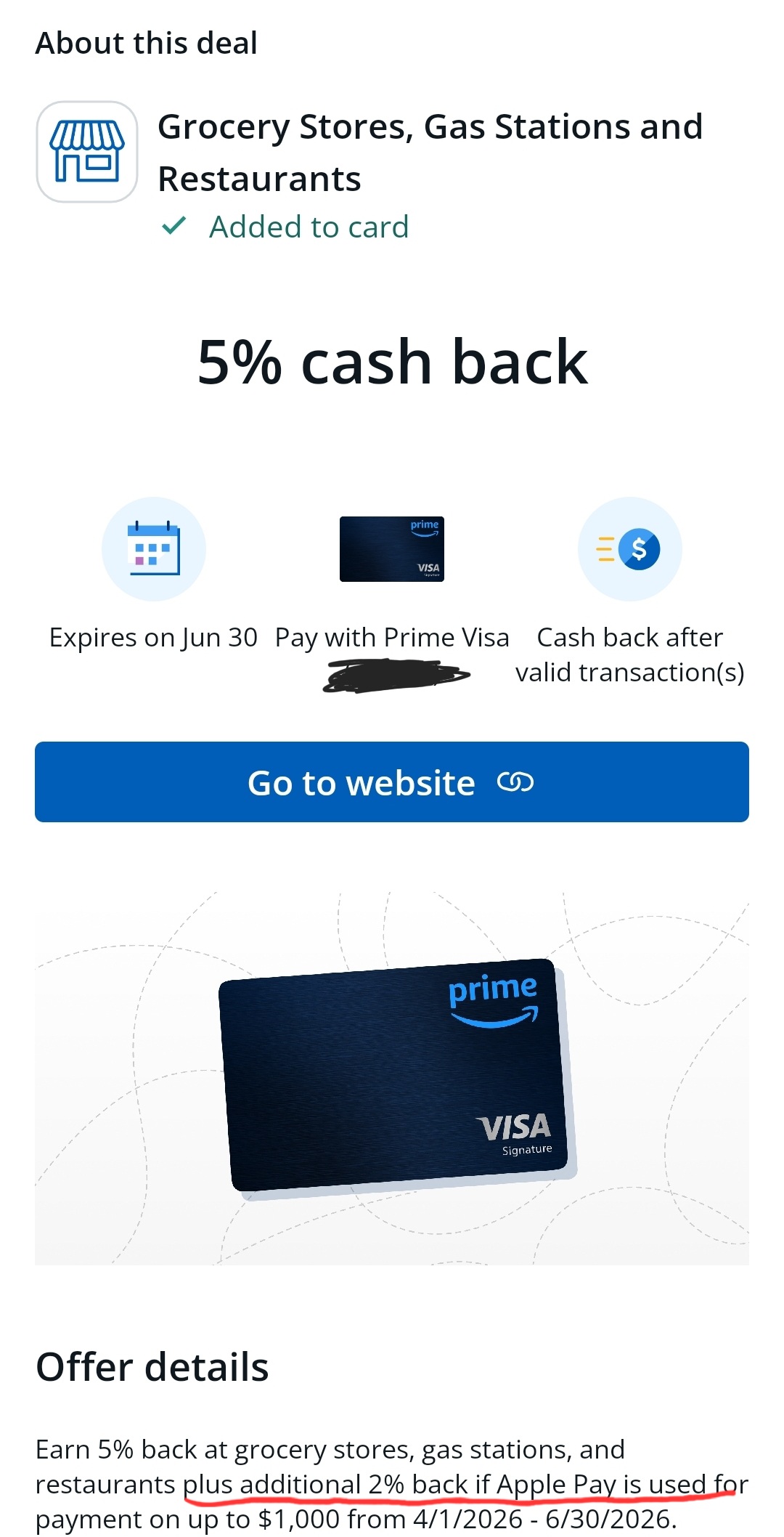Ymmv net 7% cash back groceries, gas, restaurants Chase Prime Card + apple pay