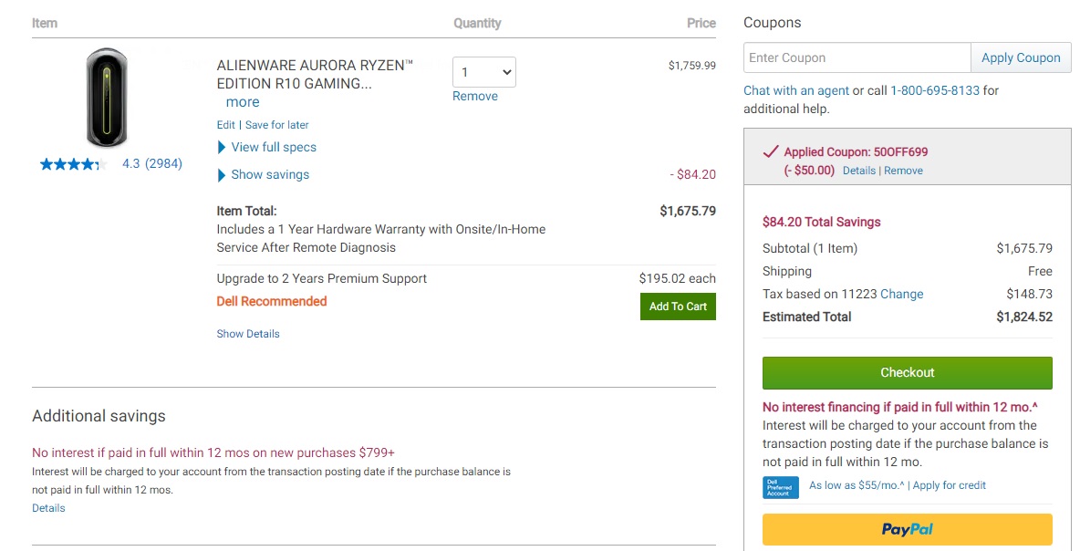 Alienware Aurora R10 Desktop: Ryzen 5 5600X, 8GB DDR4, 1TB SATA HDD, RX 6800 XT, 1000W PSU, $1676 (or $1552) @ dell