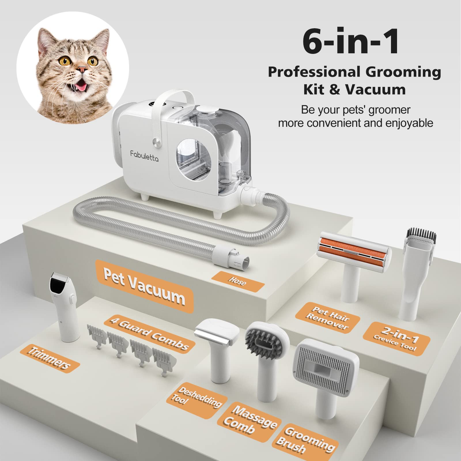Fabulett 6 in 1 Dog Grooming Kit with suction and cannister collection multiple brushing and trimming attachments $100