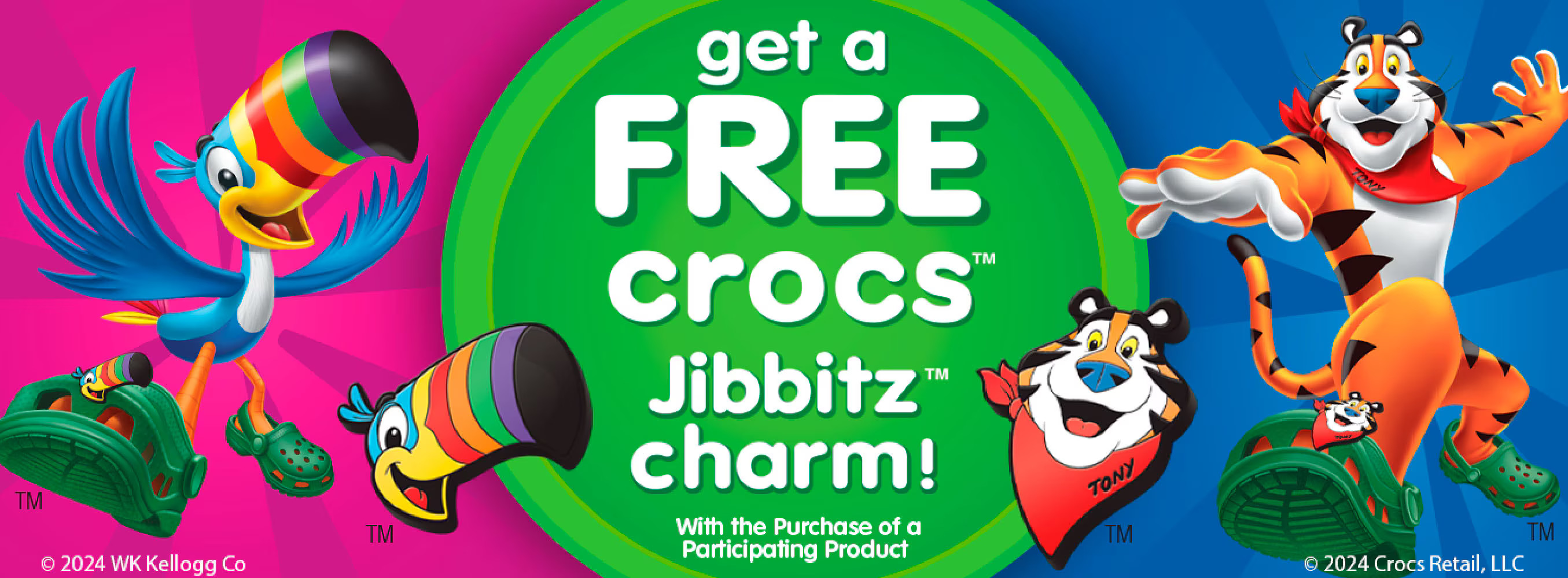 FREE Toucan Sam or Tony the Tiger Crocs Jibbitz Charm with Participating Kellogg's Product Purchase [4/1/24 - 12/31/24]