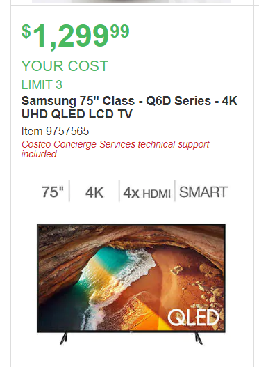 Samsung 75" Class - Q6D Series - 4K UHD QLED LCD TV $1299.99