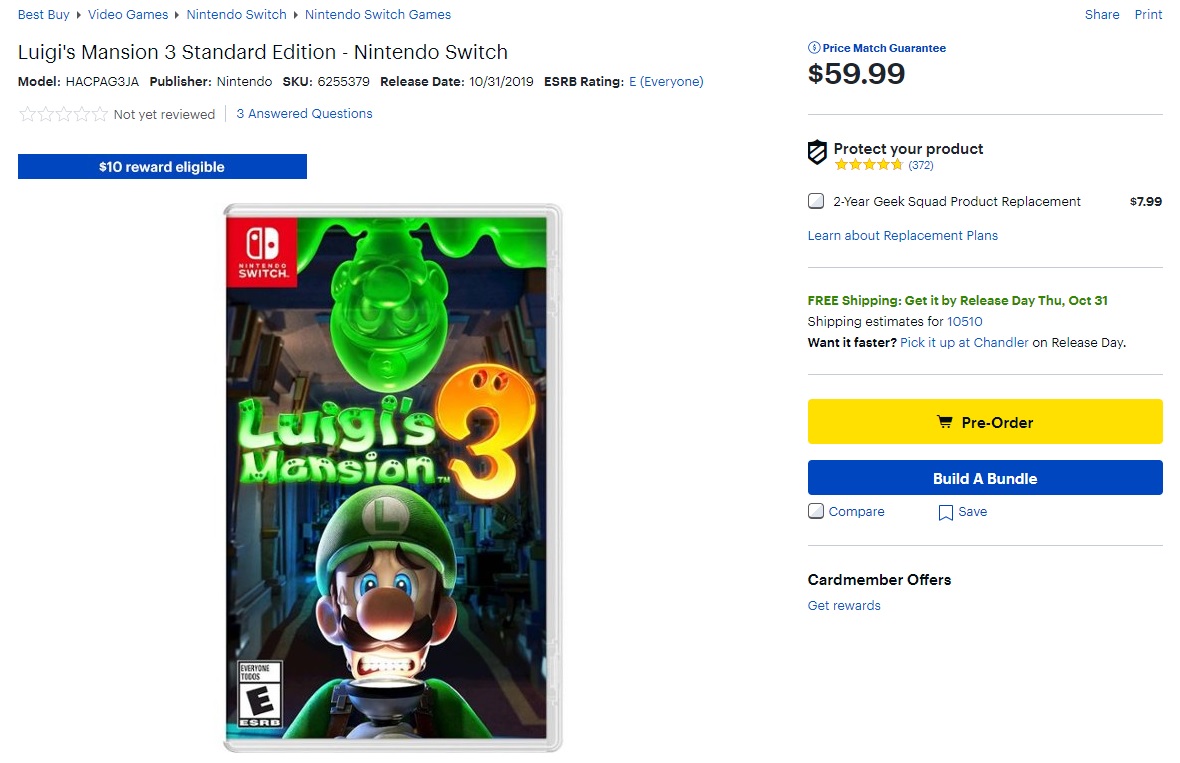 Luigi's Mansion 3 Standard Edition Nintendo Switch $59.99 w/ $10 Best Buy Reward (GC) with Pre-Order & My Best Buy Membership FS or In-Store Pick Up