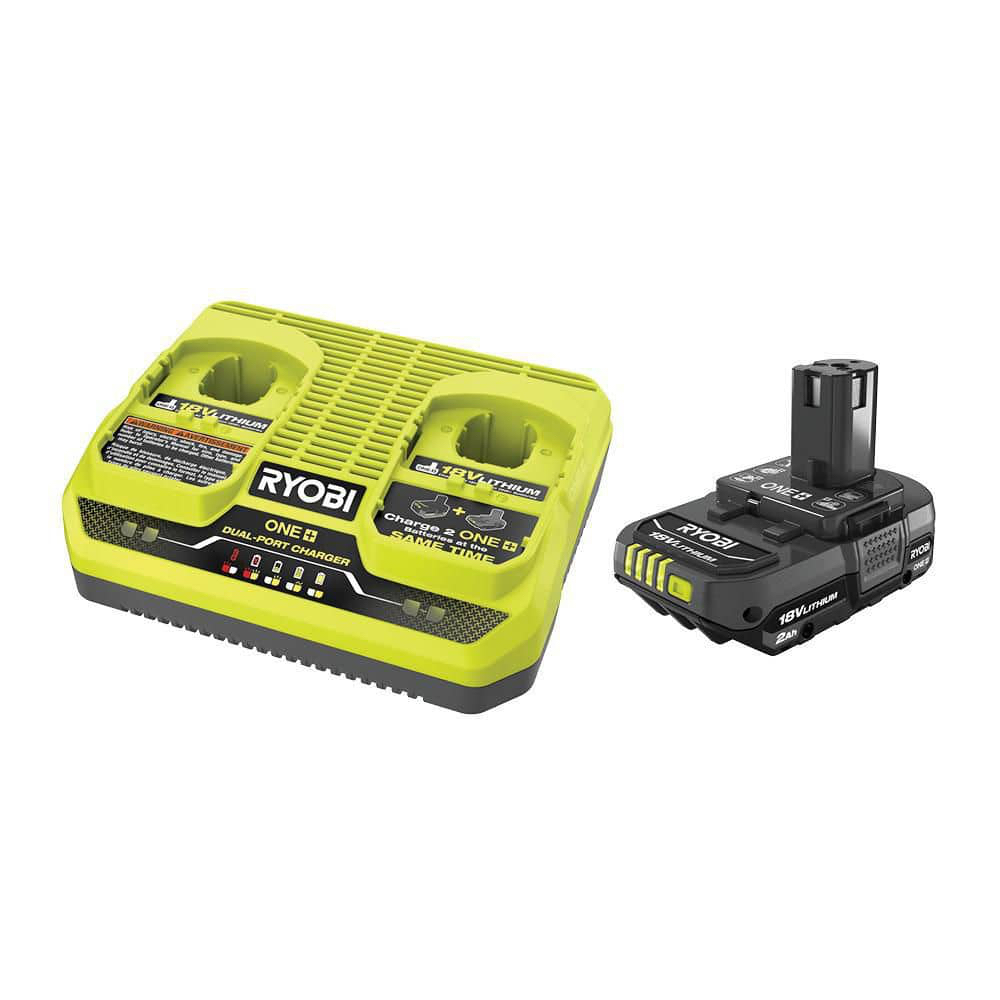 RYOBI ONE+ 18V 2.0 Ah Battery and Dual Port Charger Kit PSK201 - $70