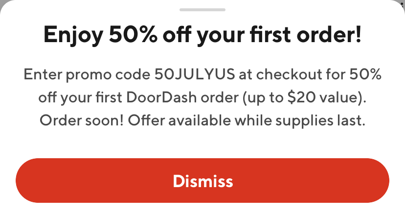 Doordash 50 Off Your First Order Ymmv With Code 50julyus