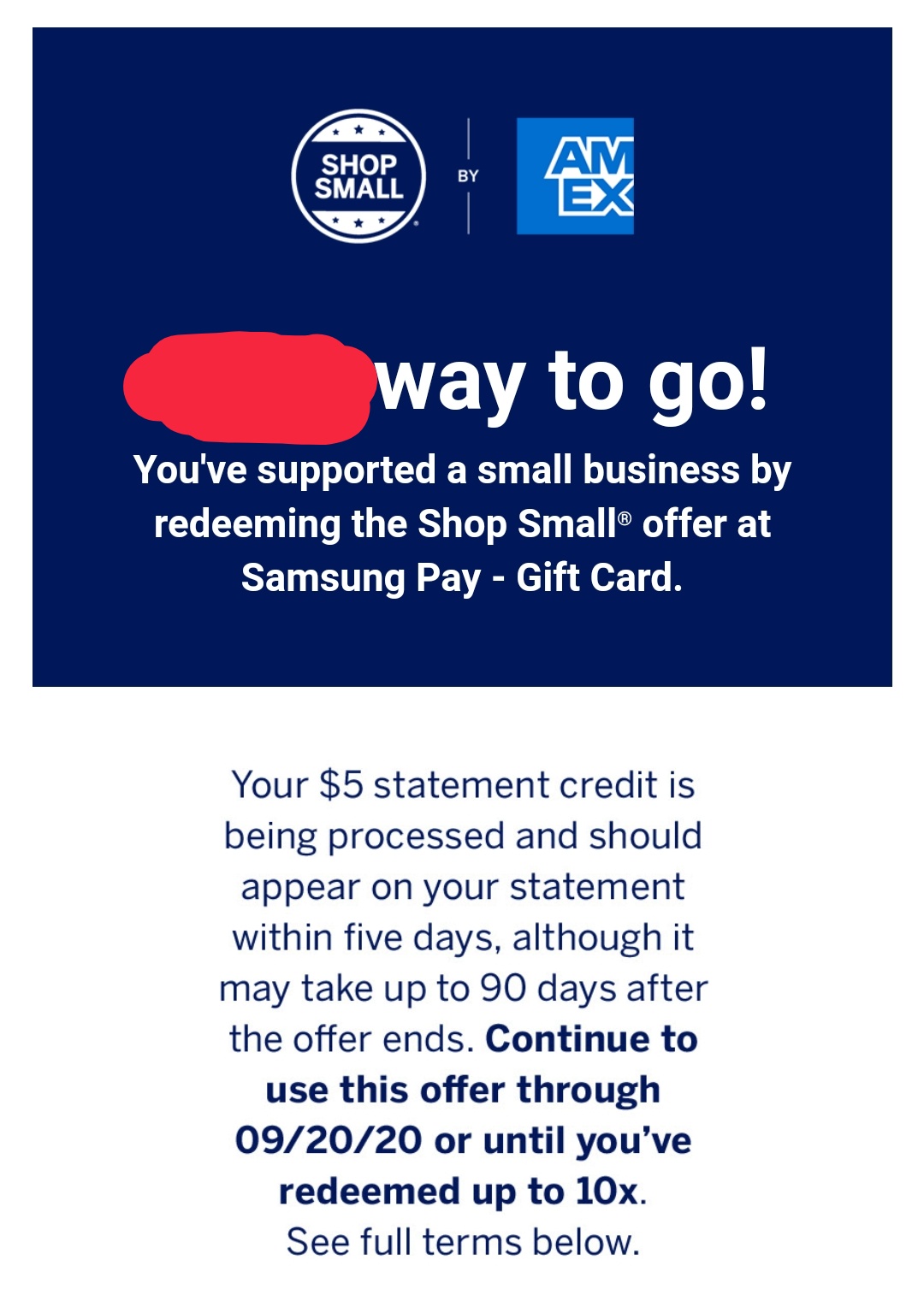 SAMSUNG PAY APP with an AMEX CARD enrolled in the SHOP SMALL PROMO = $5 off a $10+ gift card