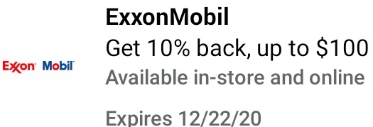 American Express offers: Get 10% back, up to $100 at Exxon Mobil. Only American Express Business Cards are eligible