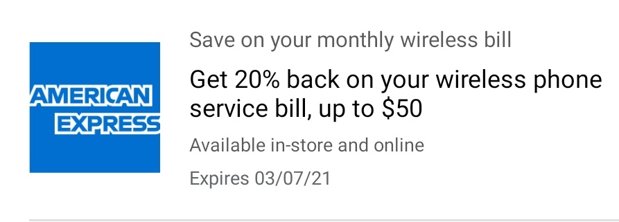 Amex offer: Get 20% back on wireless phone service bill ...
