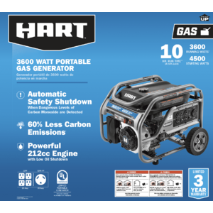 Hart 3600 Watt UL Certified Gas Generator with CO Protection CLEARANCE $250 YMMV