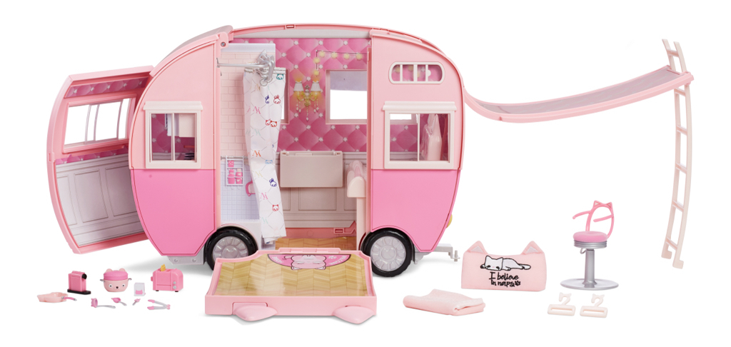 Na Na Na Surprise Kitty-Cat Camper, Pink Toy Car Vehicle Doll Playset for Fashion Dolls with Cat Ears and Tail, Opens to 3 Feet Wide for 360 Play and 7 Play Areas - $75