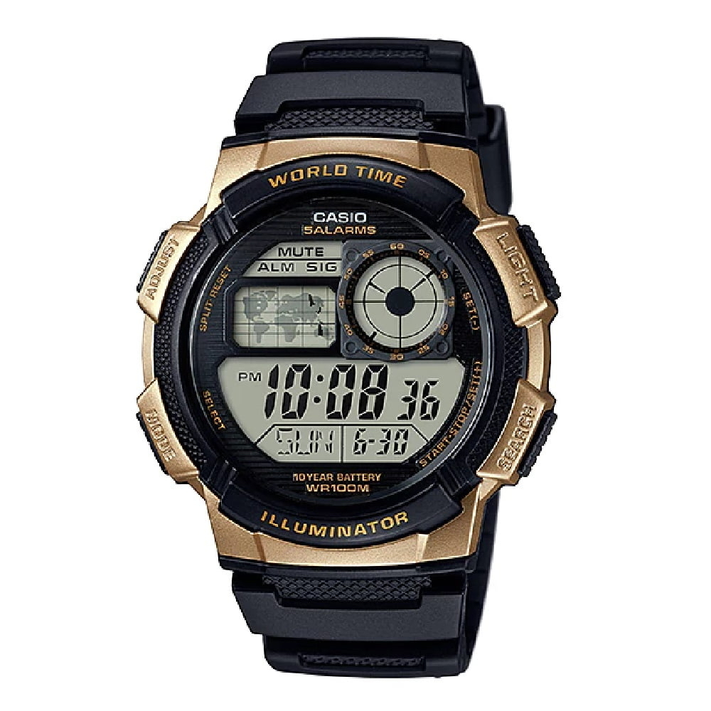 Casio Men's World Time Digital Sport Watch, Black/Gold AE1000W-1A3V - $19.92