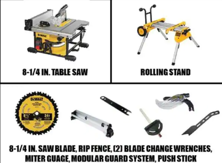 DEWALT 15 Amp Corded 8-1/4 in. Compact Jobsite Tablesaw with Bonus Heavy-Duty Rolling Table Saw Stand $359