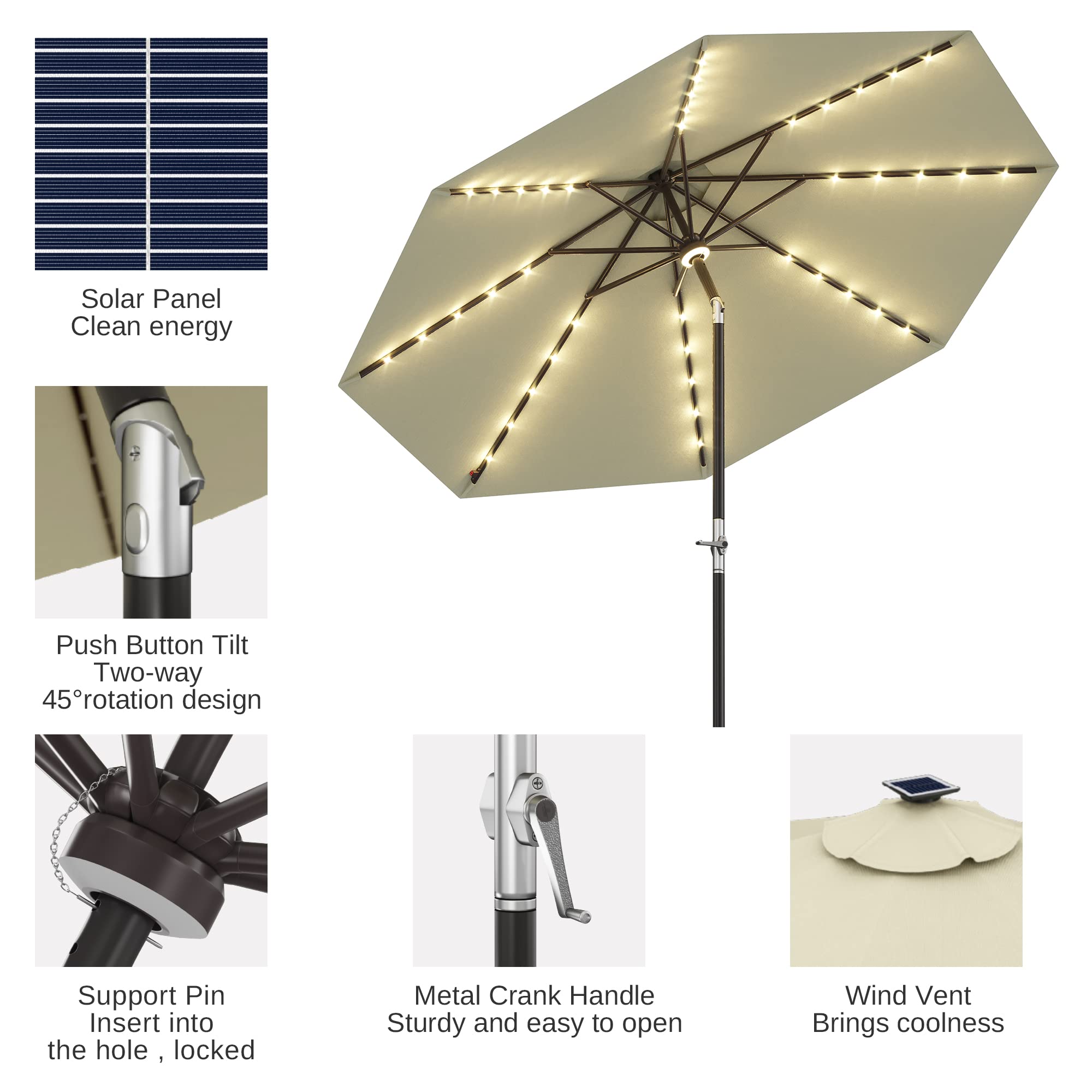 EAST OAK 9' Outdoor Table Waterproof Patio Umbrella w/ Solar LED Lights