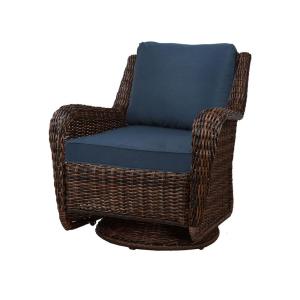 Hampton Bay Cambridge Brown Wicker Swivel Outdoor Rocking Chair with Blue Cushions $219