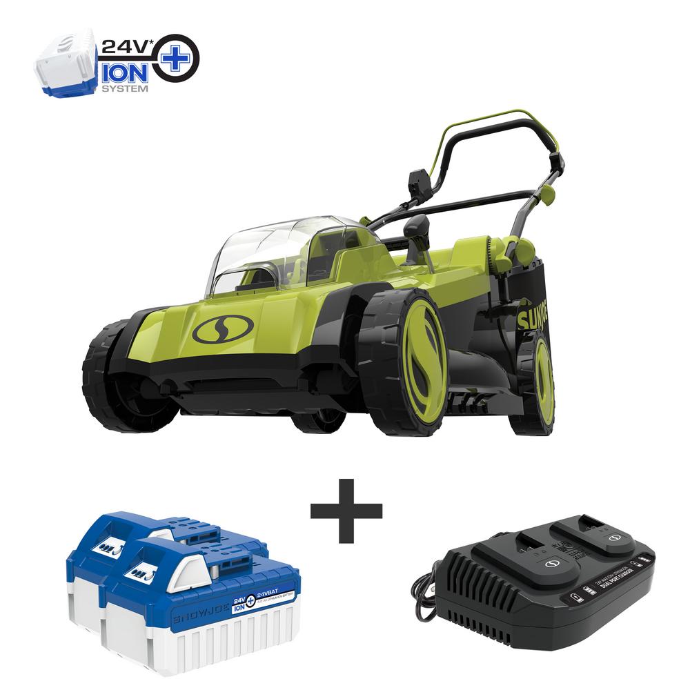 Sun Joe 17 in. 48-Volt iON+ Cordless Electric Walk Behind Push Lawn Mower Kit with 2 x 4.0 Ah Batteries Plus Charger - $179
