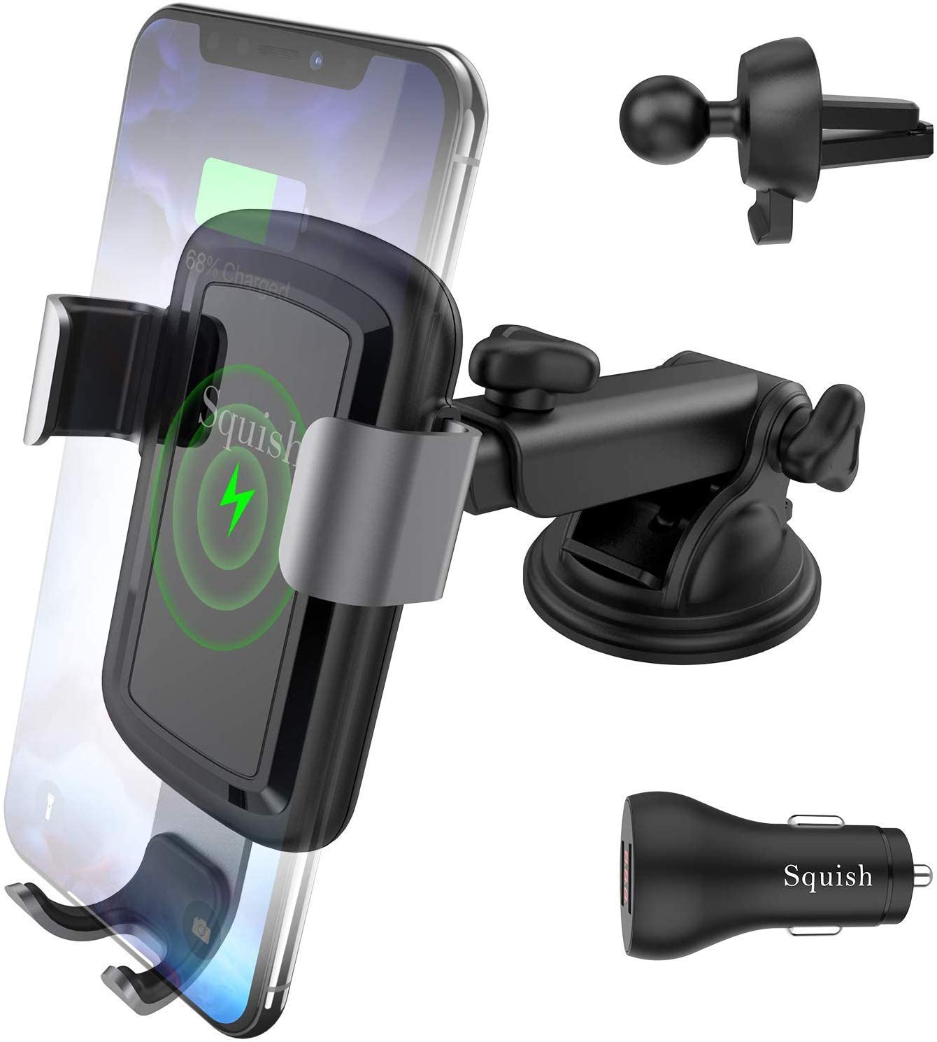 Squish Wireless Car Charger with QC 3.0 Car Charger, 10W 7.5W Qi Fast Charging Car Charger Mount, Adjustable Car Phone Holder Phone Mount $19.99