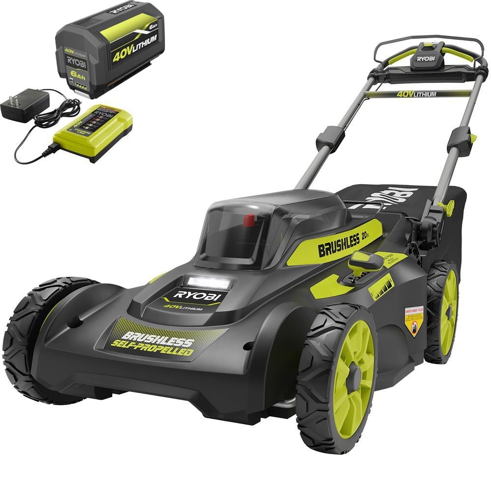 RYOBI 40V Brushless 20 in. Cordless Walk Behind Self-Propelled Lawn Mower with 6.0 Ah Battery & Charger-RY401120-Y - $359.00 at Home Depot