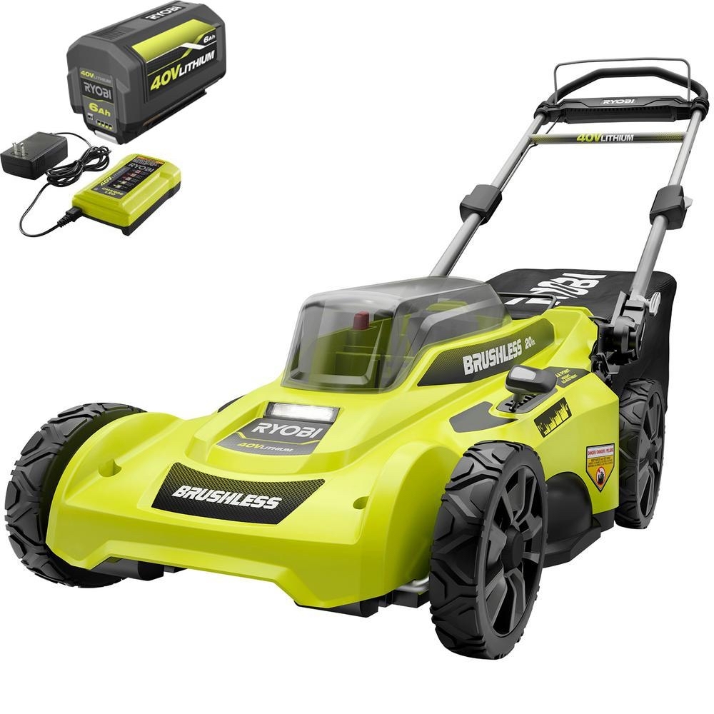 RYOBI 40V Brushless 20 in. Cordless Battery Walk Behind Push Lawn Mower with 6.0 Ah Battery and Charger-RY401110-Y - $299.00