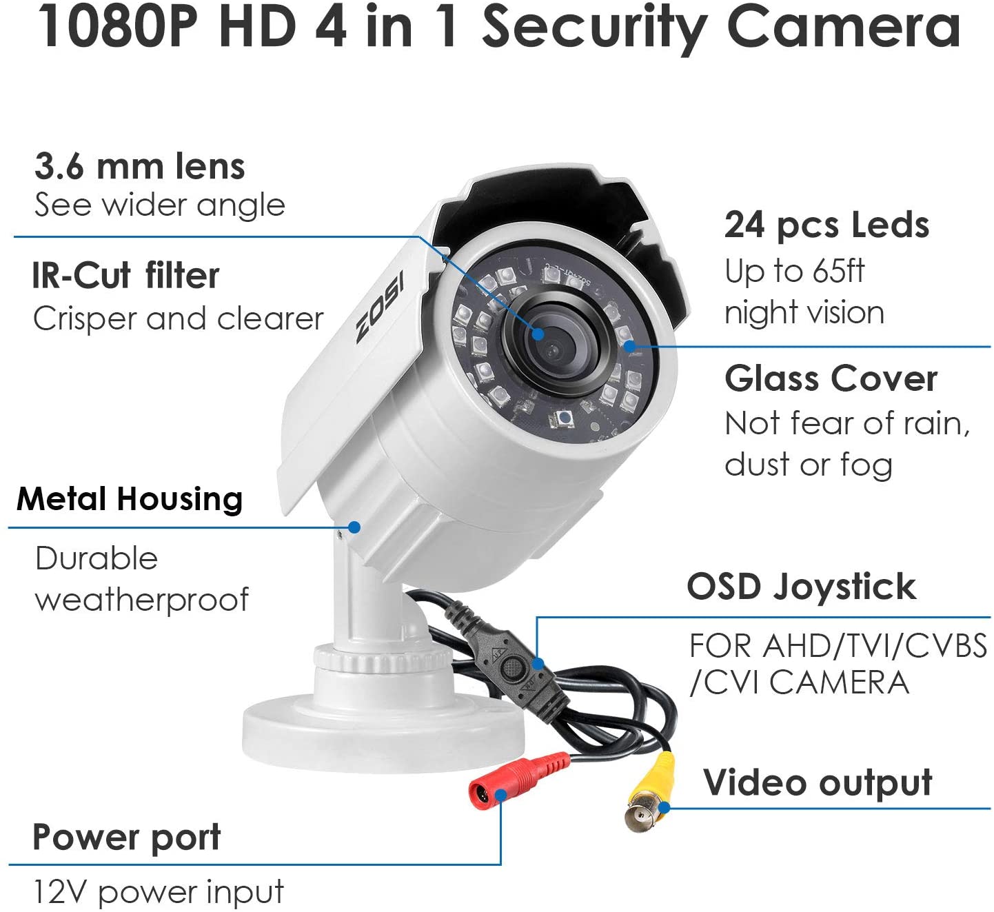 ZOSI 1080P HD 1920TVL Hybrid 4-in-1 TVI/CVI/AHD/960H CVBS CCTV 24PCS IR-LEDs Security Day/Night Weatherproof Surveillance Camera $12