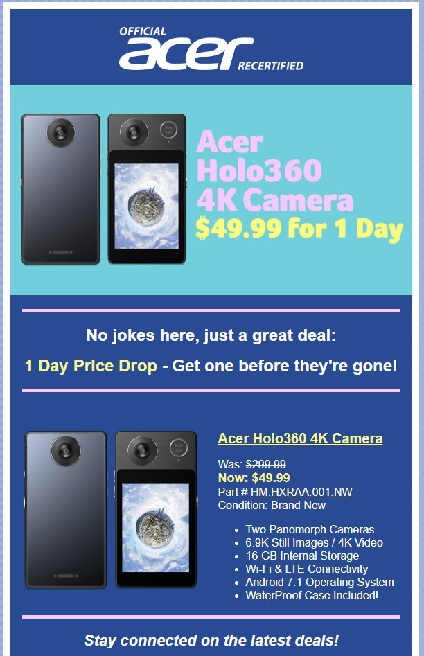 Acer Holo360 4K 360 Degree Camera New from Acer Store $49.99