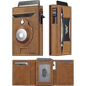Medrega Men's Slim RFID Minimalist Trifold Leather Wallet w/ Cash Strap/AirTag 