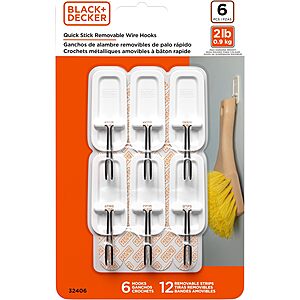 6-Pk BLACK+DECKER Quick Stick Removeable Wire Wall Hooks (Holds up to 2 lbs) $2.75