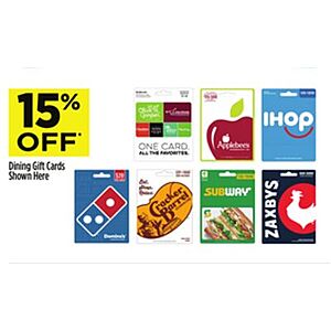 Dollar General In-Store Offer: Select Gift Cards: Domino's, Subway, IHOP, & More 15% Off (Valid thru 8/22)