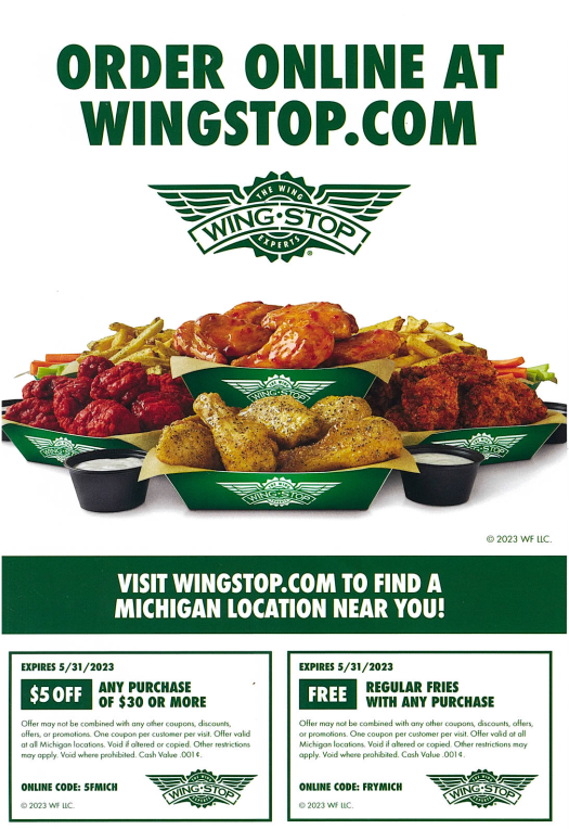 Wingstop - Free Reg Fries (w/ purchase) OR $5 off $30+ - Michigan stores only? Expires 5/31/23