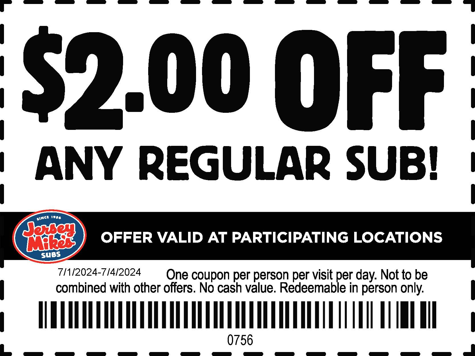 Jersey Mike's $2 Off Any regular sub promo code - Expires 7/4/24