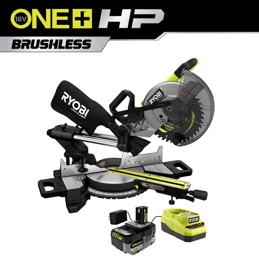 RYOBI ONE+ HP 18V Brushless Cordless 10 in. Sliding Compound Miter Saw Kit with 4.0 Ah HIGH PERFORMANCE Battery and Charger PBLMS01K - $150.69