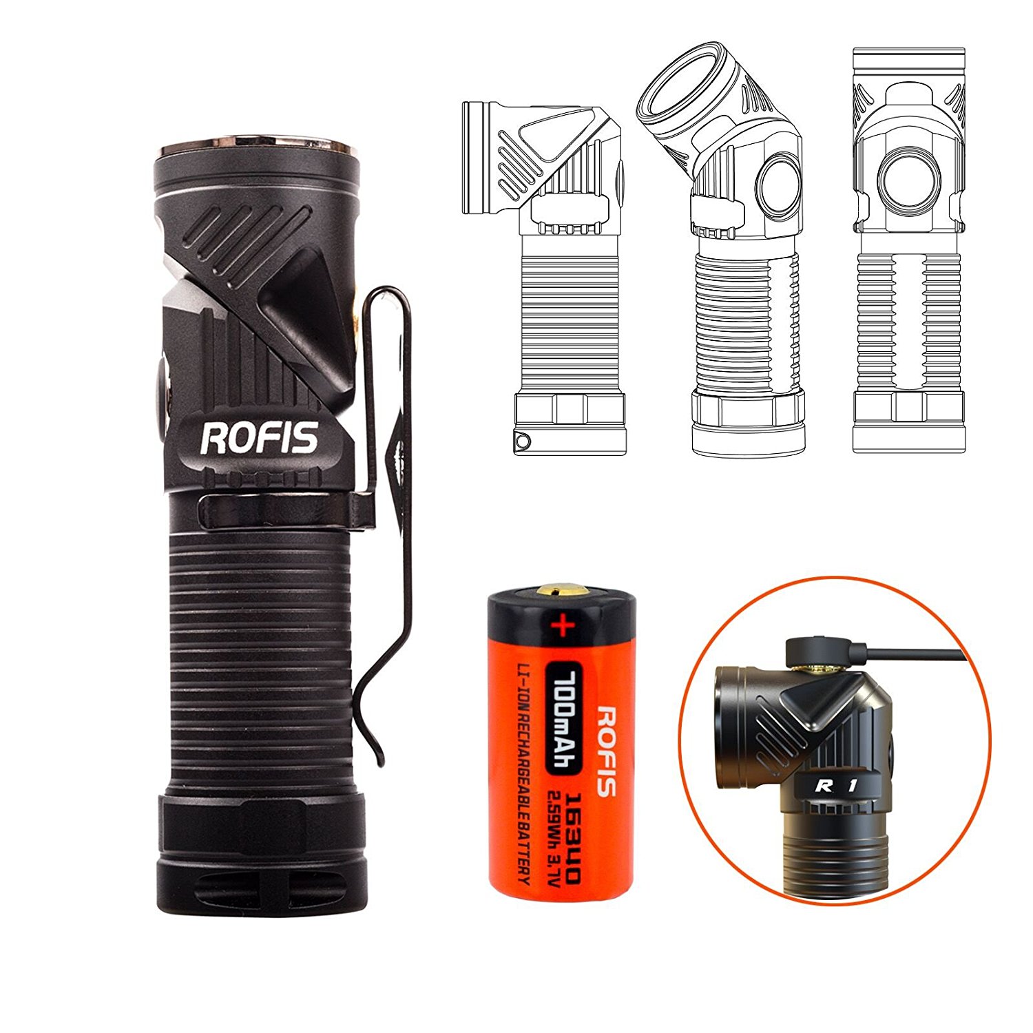 Rofis R1 CREE LED 900 Lumens LED Flashlight - USB Rechargeable Adjustable-head Ultra Compact Lightweight EDC (Free Prime Shipping) $45.5