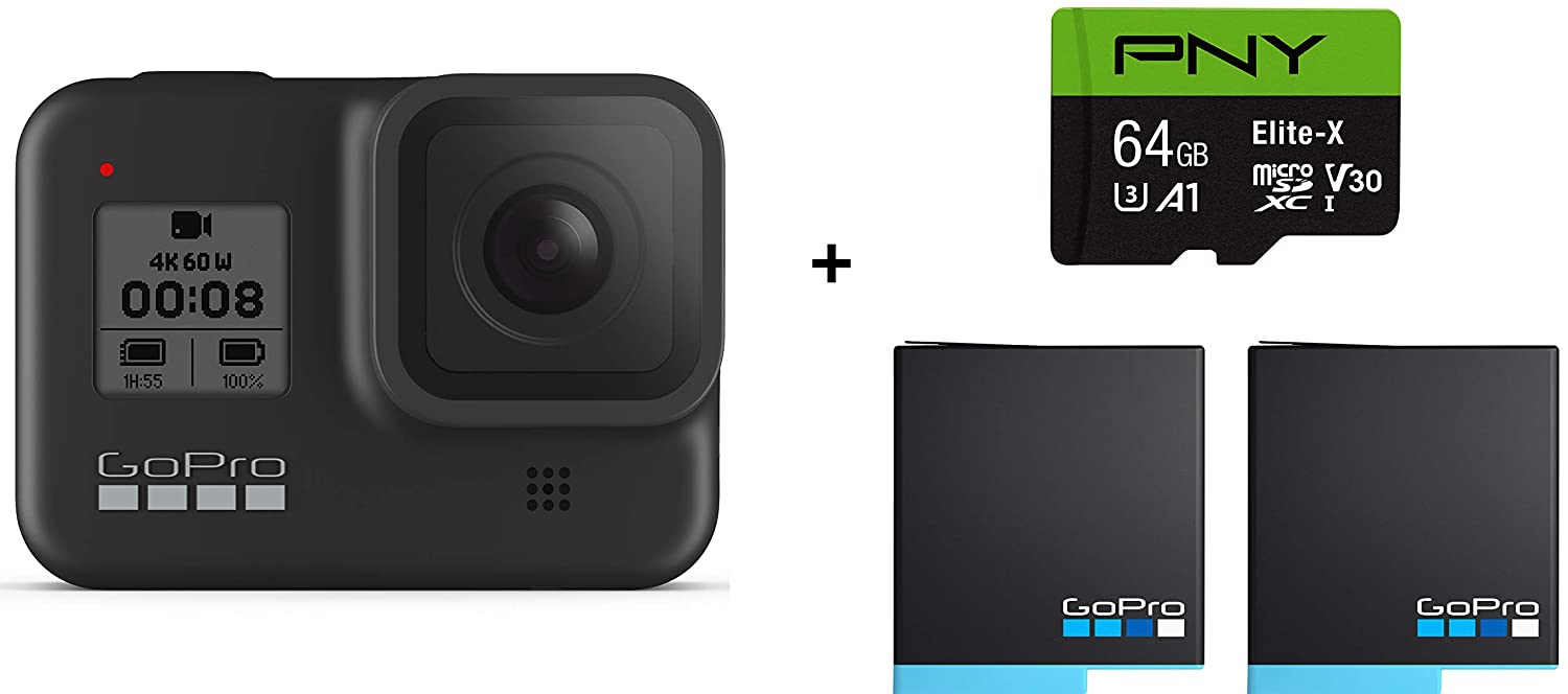 GoPro HERO8 Black Waterproof Action Camera+2 Total GoPro USA Batteries + PNY 64GB U3 microSDHC Card  for $309.99