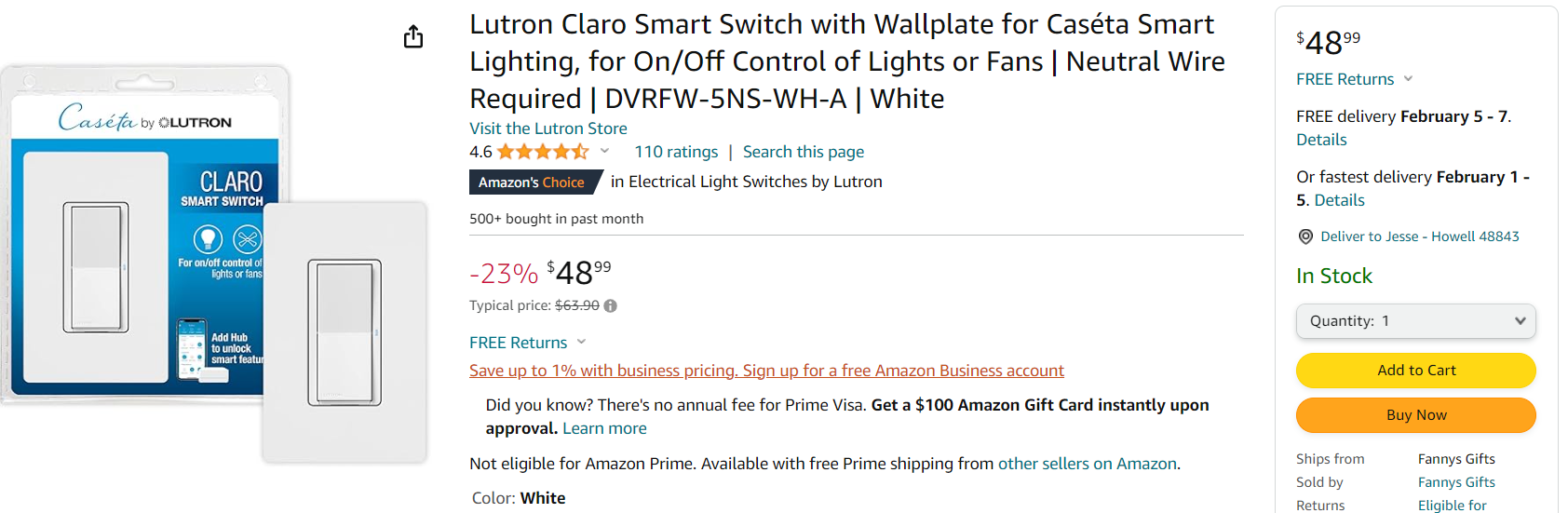 Lutron Claro Smart Switch with Wallplate for Caséta Smart Lighting, for On/Off Control of Lights or Fans | Neutral Wire Required | DVRFW-5NS-WH-A | White $48.99
