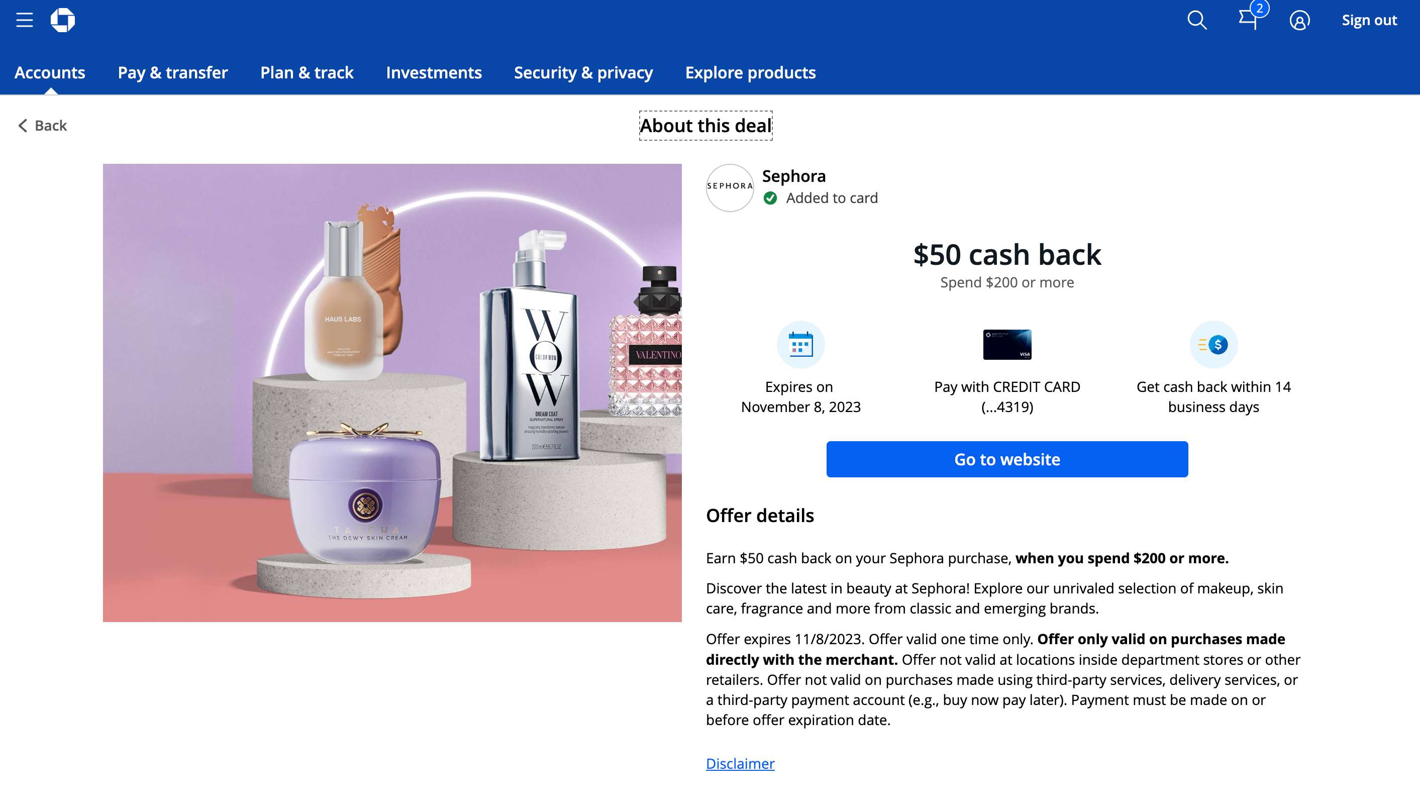 Chase Sapphire Reserve : Sephora Spend $200 or more get $50 back (YMMV)