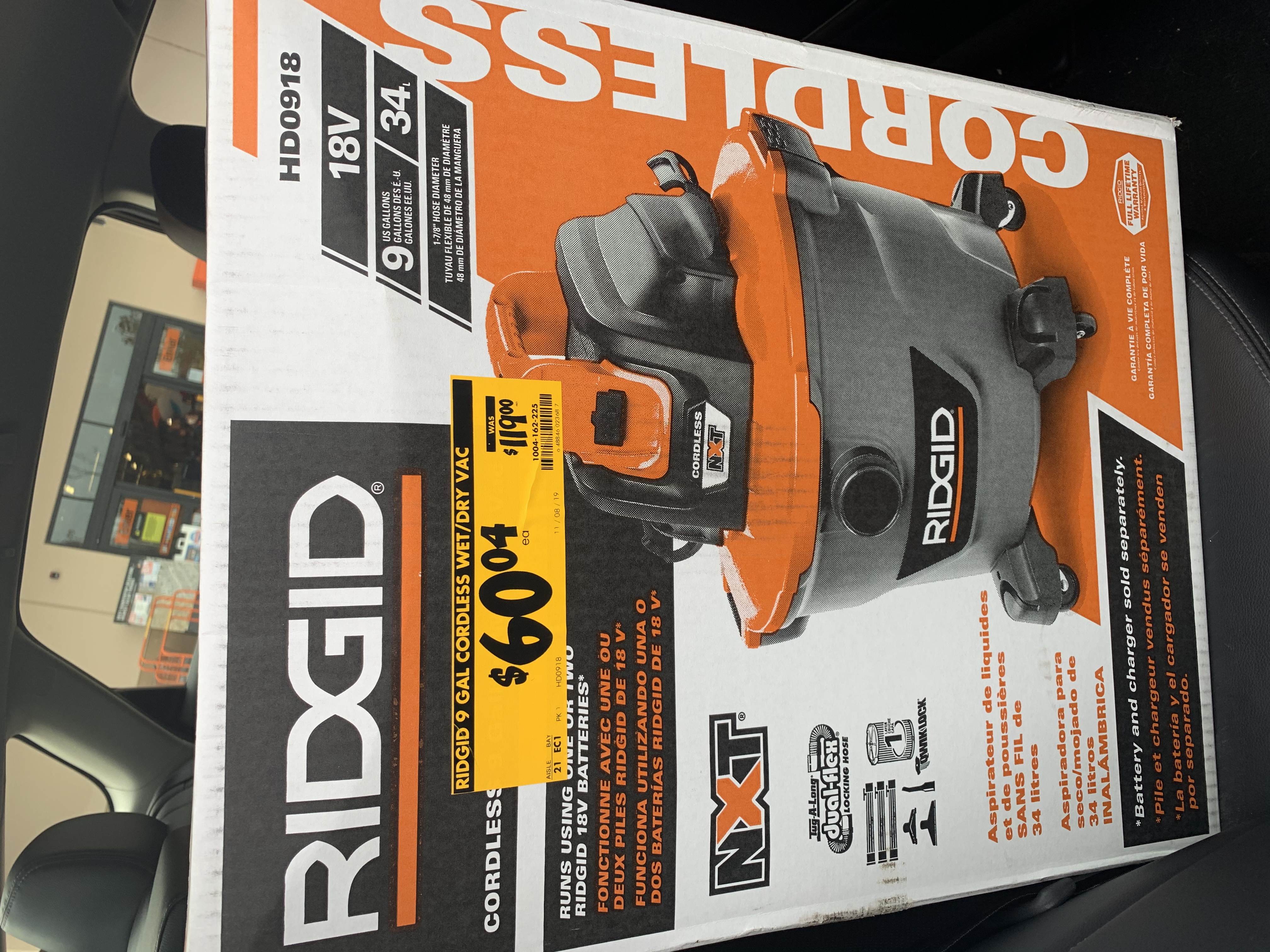 YMMV Ridgid HD0918 18-Volt 9 Gal. Cordless Wet/Dry Shop Vacuum (Tool Only) with Car Nozzle, Utility Nozzle, Wet Nozzle and Extension Wands $60.04