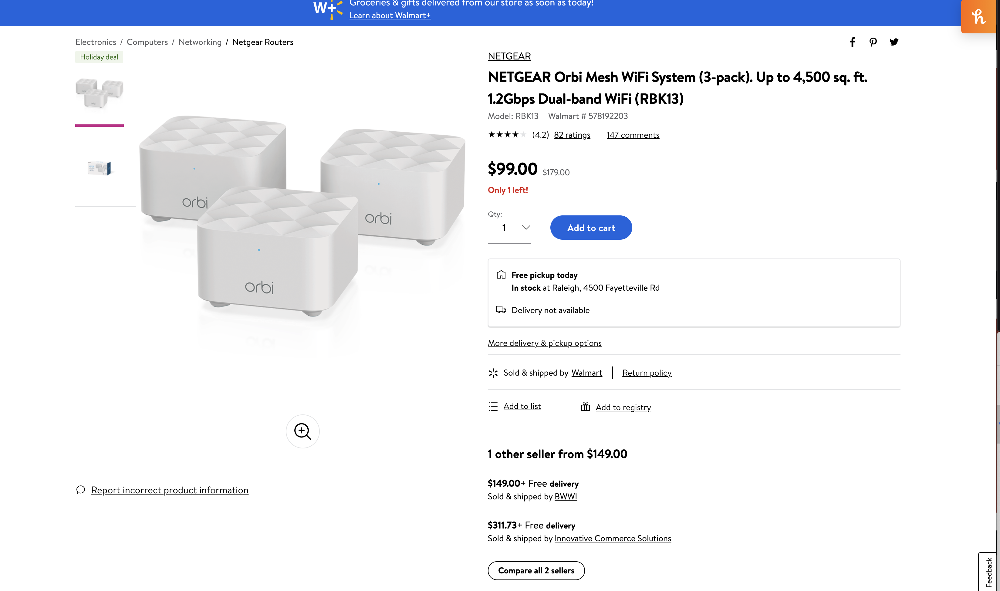 $99 NETGEAR Orbi Mesh WiFi System (3-pack). Up to 4,500 sq. ft. Available for in-store pick up for $99