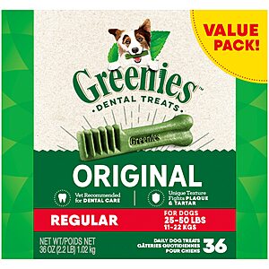 Greenies Original Regular Natural Dog Dental Care Chews Oral Health Dog Treats, 36 count $  14.35 w/Subscribe & Save (YMMV)