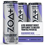 12 Cans ZOA+ Pre-Workout Energy Drink - NSF Certified for Sport with Zero Sugar, Nitric Oxide Support, B &amp; D Vitamins, Amino Acids, and Electrolytes (BlackBerry Acai) $13.16