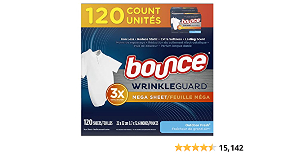 120 Bounce WrinkleGuard Mega Dryer Sheets Laundry Fabric Softene and Wrinkle Releaser Sheets, Outdoor Fresh Scent, 120 count - $5.69