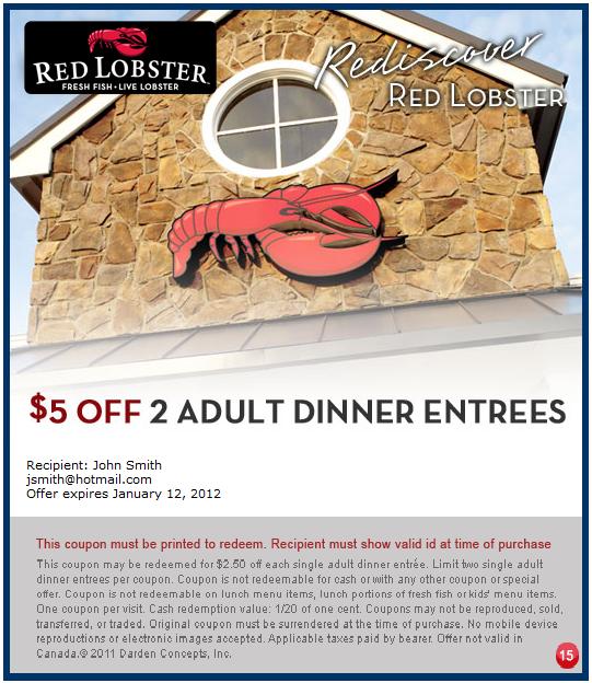 Red Lobster $15 four course meal +$5 off coupon