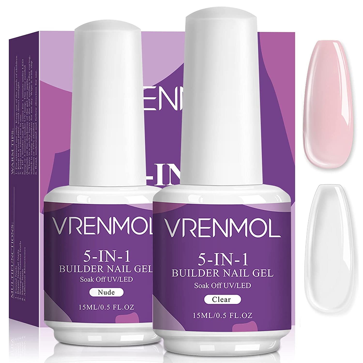 Amazon.com : Vrenmol 5 in 1 Builder Base Nail Gel in a Bottle - 15ml Clear & Nude Brush On Builder Nail Gel Set Nail Extension Gel $5.99