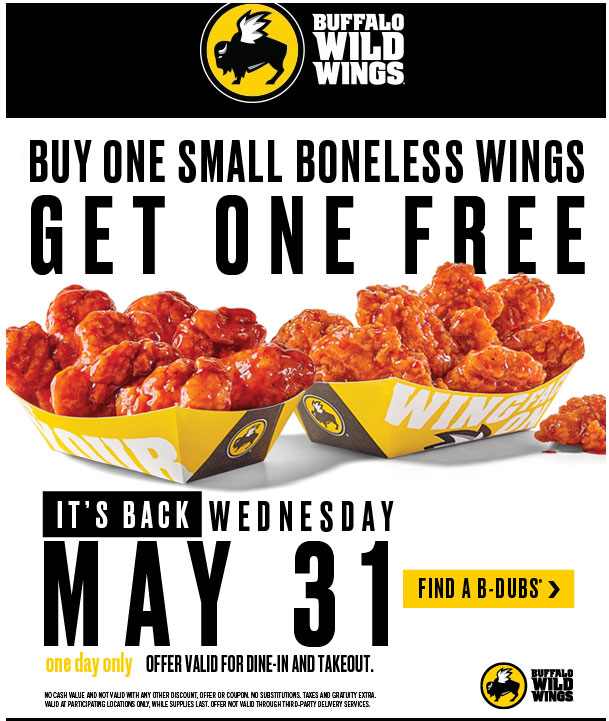 Buffalo Wild Wings Bogo Small Dine In Or Takeout Wed 5 31