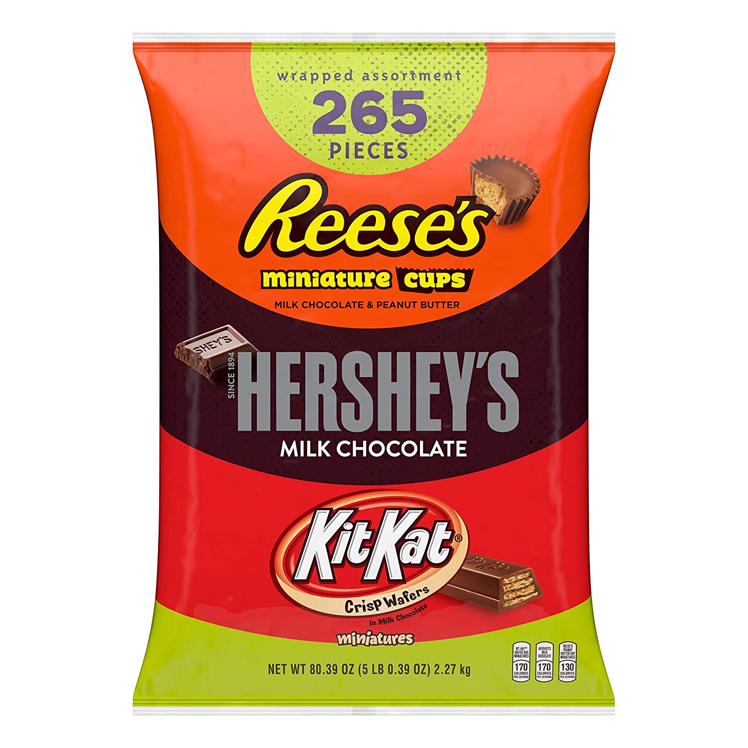 Amazon.com : REESE'S, HERSHEY'S and KIT KAT Assorted Milk Chocolate Miniatures Candy, Bulk, 80.39 oz Bulk Variety Bag (265 Pieces) : Grocery & Gourmet Food $16.8