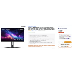 31.5" QD OLED Gaming Monitor - GIGABYTE - AORUS FO32U - UHD 3840x2160 - 165Hz - 0.03ms GTG - Newegg $689.99