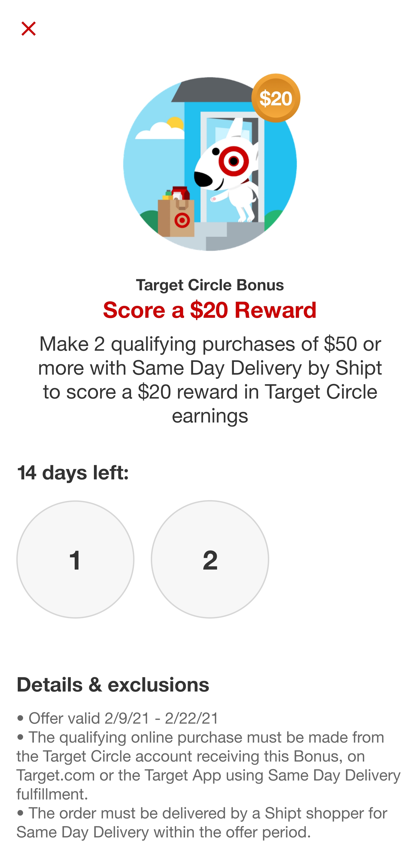 Target Circle Bonus Make 2 qualfiying purchases(Shipt), score 20