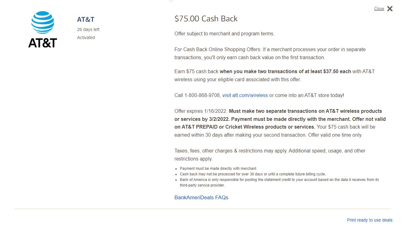 Bank of America Credit Card $75 Cash Back on two $37.50+ Transactions at AT&T Stores and Online - YMMV
