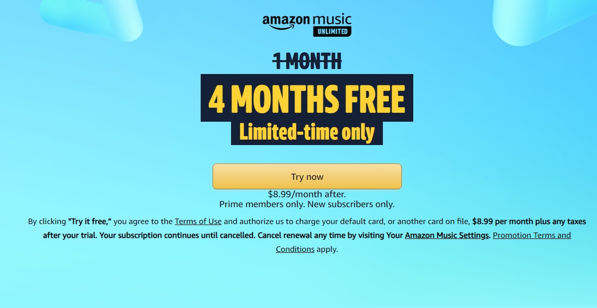 Amazon Music Unlimited 4-Month subscription free Prime members only, new subscribers only.