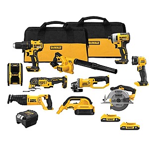 DEWALT 20-Volt Max Lithium-Ion 10-Tool Cordless Combo Kit with Two 2.0 Ah Batteries,Charger and 2 Bags $647.00
