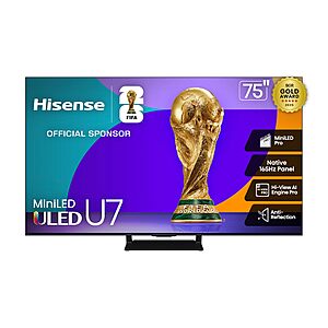 Hisense 75" U7 Mini-LED ULED 4K UHD Google Smart TV (75U75QG, 2025) - QLED, Native 165Hz, VRR 288, Up to 3000 Nits, HDR10+, Dolby Vision IQ &middot; Atmos, IMAX Enhanced, 2.1.2 Ch $999.99